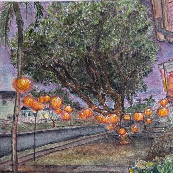 Original Watercolor: Pumpkin Lantern Tree ii: Violet Sky - Picture 2 of 4